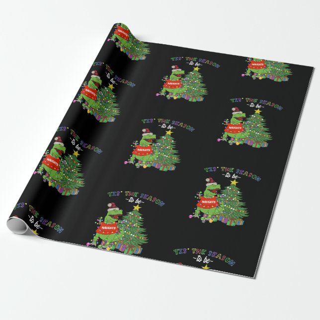 Papel De Presente Natal Divertido de Dinossauro É a Temporada Traves (Desenrolado)