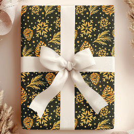 Papel De Presente Natal do Cone Verde do Pine Russo Dourado