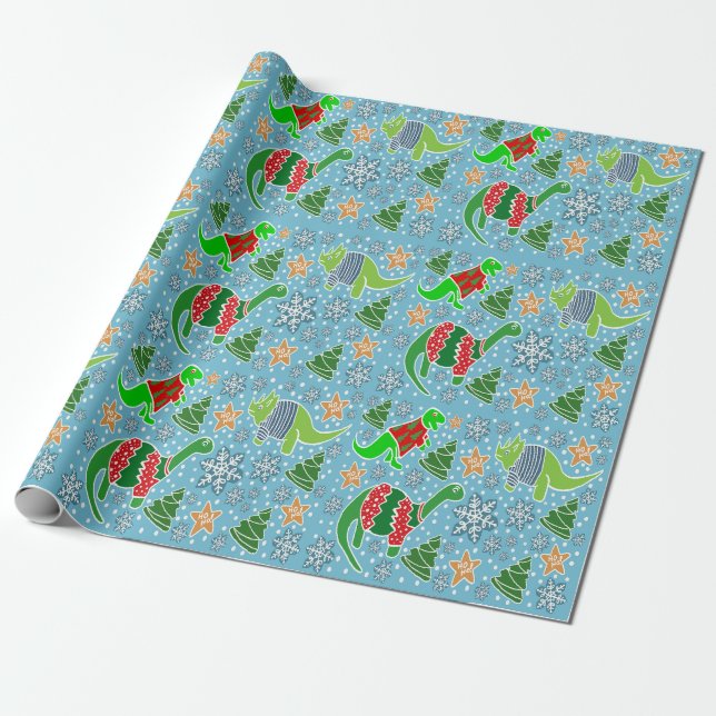 Papel De Presente Natal do Dinossauro Azul-Céu (Desenrolado)