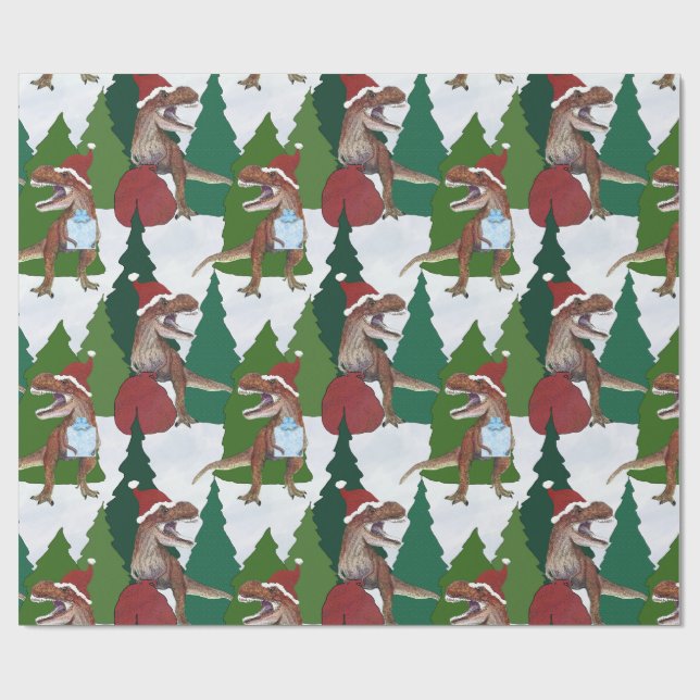 Papel De Presente Natal do Dinossauro T-Rex Papai Noel (Aberto)