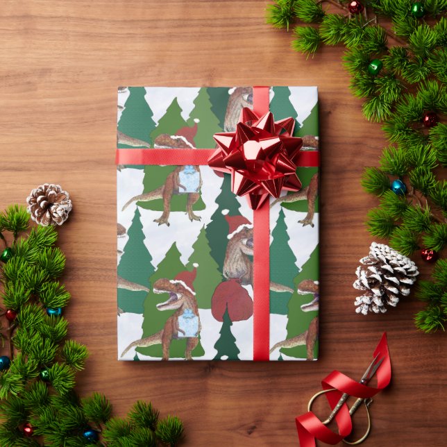 Papel De Presente Natal do Dinossauro T-Rex Papai Noel (Presente de Natal)