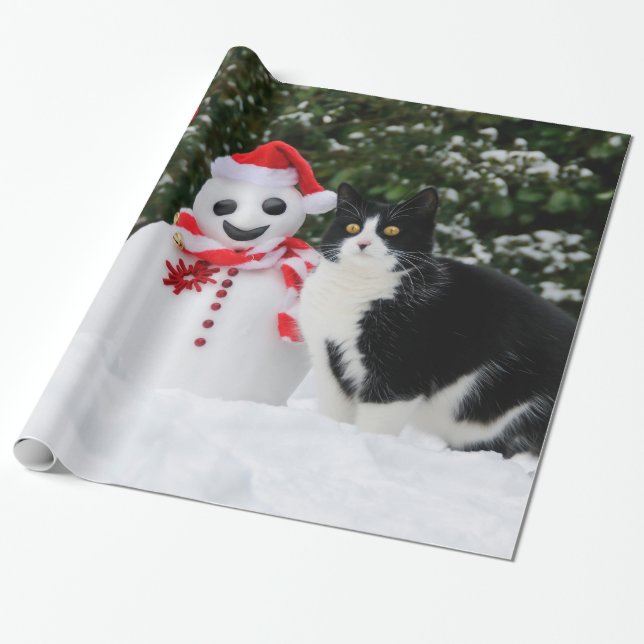 Papel De Presente Natal do gato e do boneco de neve do papai noel, (Desenrolado)