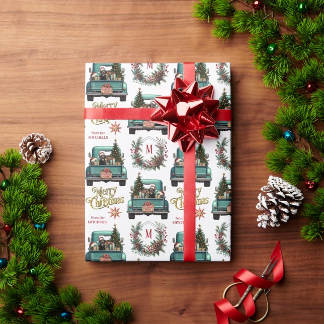 Papel De Presente Natal do Monograma de Troncos Retron Lab Preto (Presente de Natal)