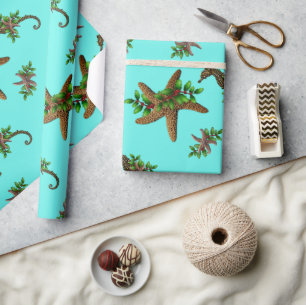 Papel De Presente Natal do Padrão de Cavalos do Mar de Starfish