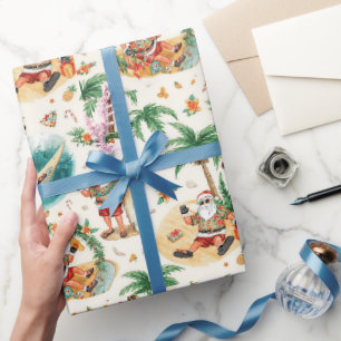 Papel De Presente Natal do Papai Noel em julho na praia surfista