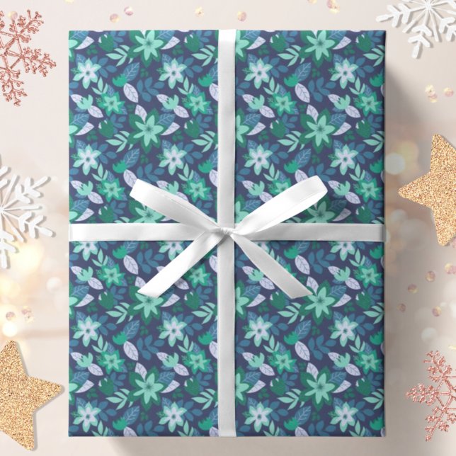 Papel De Presente Natal do Teal Roxo Botânico Moderno (Criador carregado)