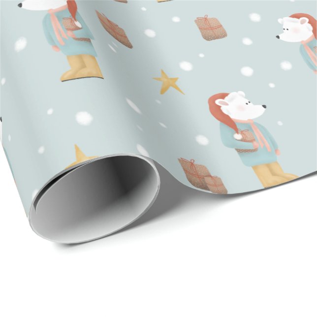 Papel De Presente Natal do Urso Polar Moderno de inverno e Flocos de (Ponta do rolo)