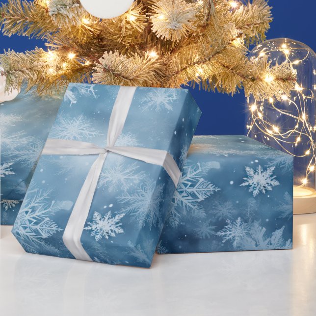 Papel De Presente Natal dos Flocos de Neve Brancos de Inverno Azul (Feriados)