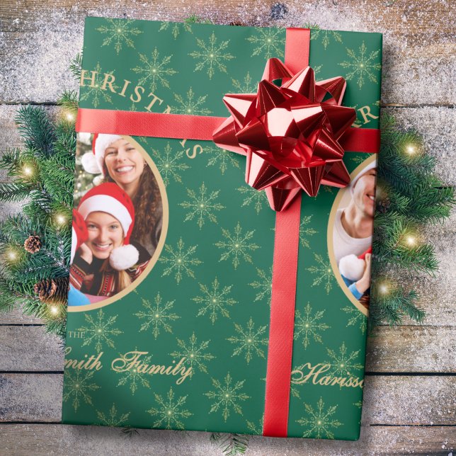 Papel De Presente Natal Dourado de Neves Verde da Floresta Limpa (Criador carregado)