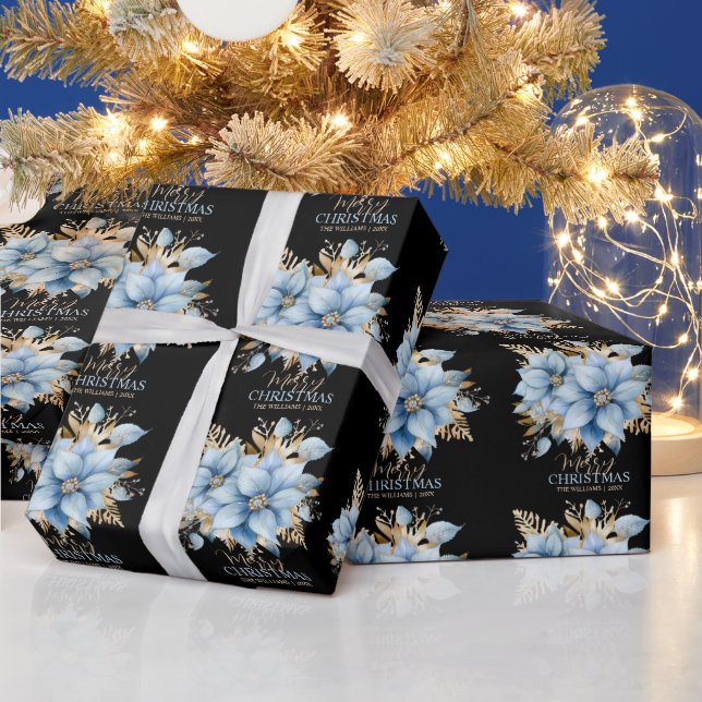 Papel De Presente Natal Dourado de Poinsettia Azul | NOME (Feriados)