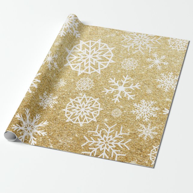 Papel De Presente Natal Dourado do brilho do floco de neve do (Desenrolado)
