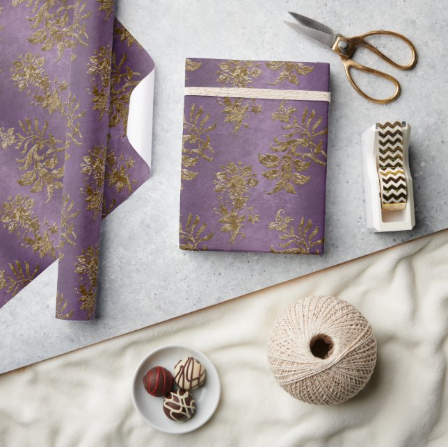 Papel De Presente Natal Dourado e roxo do Damask Faux Velvet (Artesanato)