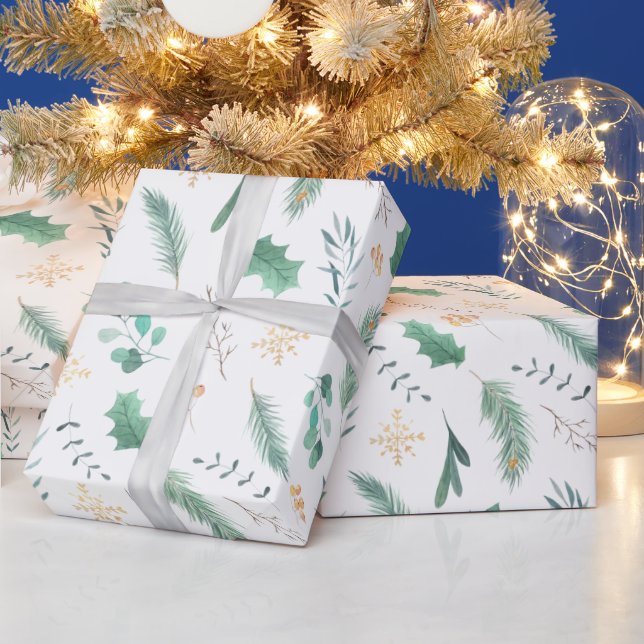 Papel De Presente Natal Dourado e Verde Holly Pine Eucalyptus (Feriados)