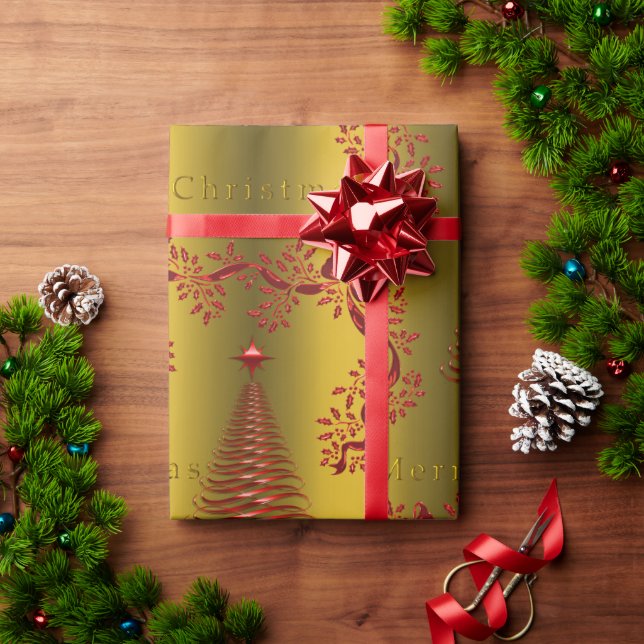 Papel De Presente Natal Dourado e Vermelho (Presente de Natal)