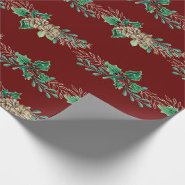 Papel De Presente Natal Elegante Borgonha Dourada Holly Berries