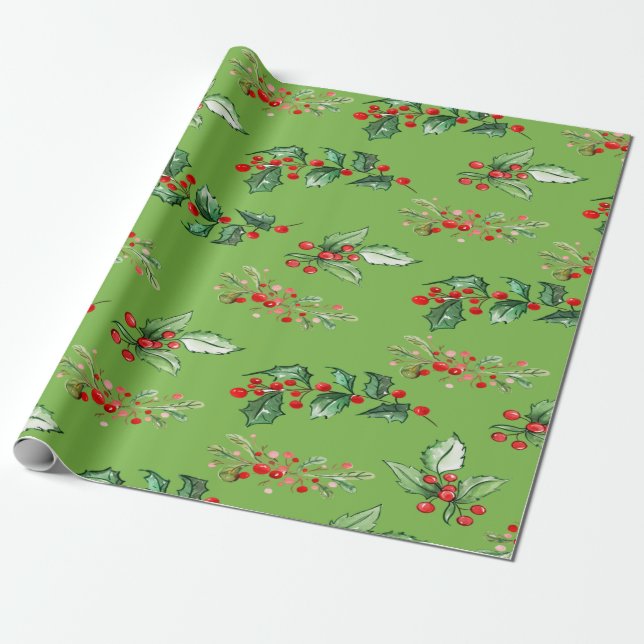 Papel De Presente Natal Elegante Chic Azevinho Frutas Feriado (Desenrolado)