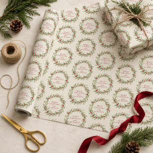 Papel De Presente Natal Elegante Coroa Vermelha e Verde Personalizad