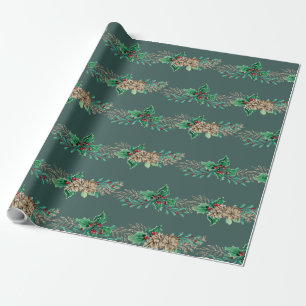 Papel De Presente Natal Elegante Holly Berry Pine Cone Garland