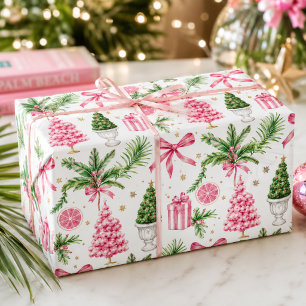Papel De Presente Natal em Aquarela Préppy Rosa Verde Palm Beach