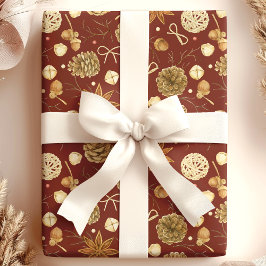 Papel De Presente Natal em Aquarela Rústica de Pinha