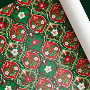 Papel De Presente Natal em Arte Popular Floral e Pinhas