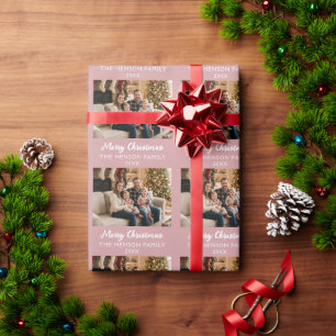 Papel De Presente Natal em Família com Foto Personalizada Rosa Moder