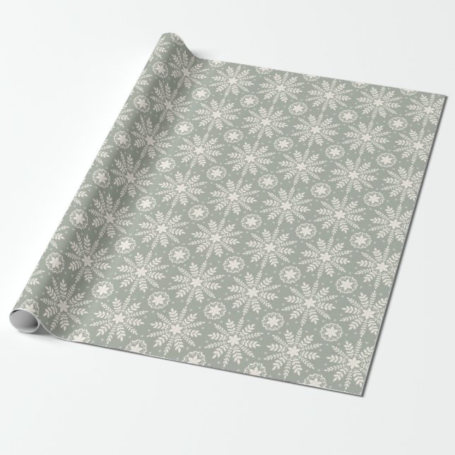 Papel De Presente Natal em Floco de Neve Rústico Creme e Sage (Desenrolado)