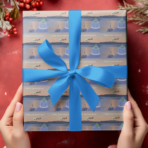 Papel De Presente Natal em Santorini, Grécia com Papai Noel