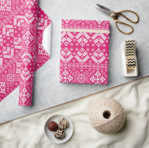 Papel De Presente Natal em tons de rosa quente e branco no estilo Fa