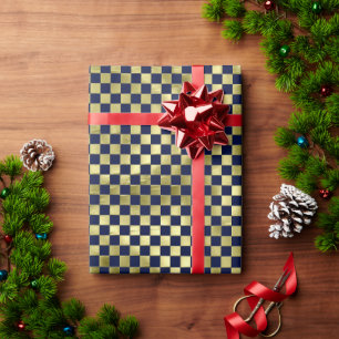 Papel De Presente Natal em xadrez metálico dourado azul-marinho