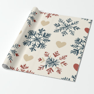 Papel De Presente Natal Escandinavo Folclórico Flocos de Neve e Cora