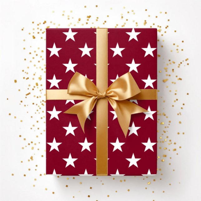 Papel De Presente Natal Estrelas Brancas Vermelho Borgonha  (Burgundy Red White Stars Christmas Wrapping Paper)