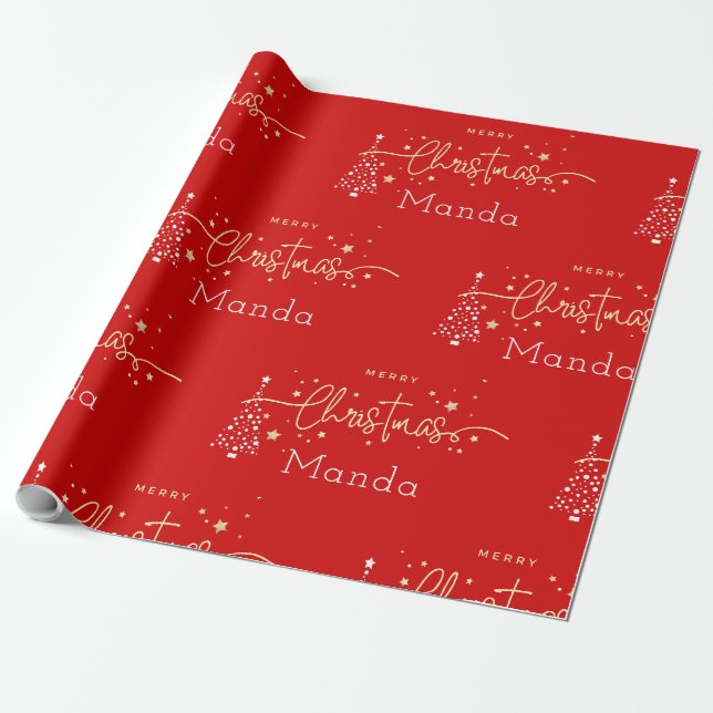Papel De Presente Natal Feliz com Letra Elegante Vermelha Personaliz (Desenrolado)