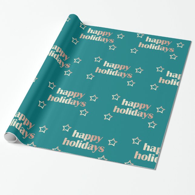 Papel De Presente Natal feliz com rosa de cobre elegante (Desenrolado)