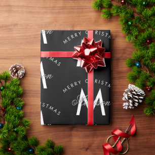 Papel De Presente Natal Feliz Personalizado Monograma Preto