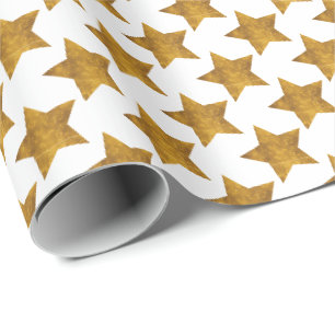 Papel De Presente Natal Feriado Estrelas Douradas em Branco