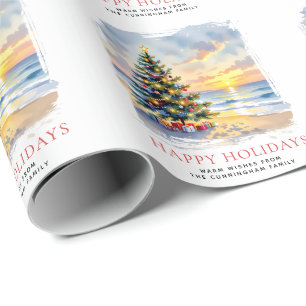 Papel De Presente Natal Festivo Costeiro de Praia com Aquarela Perso