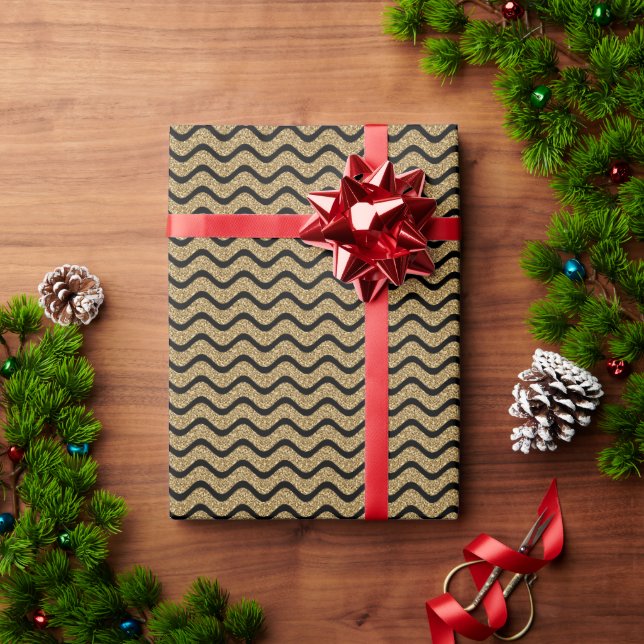 Papel De Presente Natal Festivo Dourado com Listras Pretas (Presente de Natal)