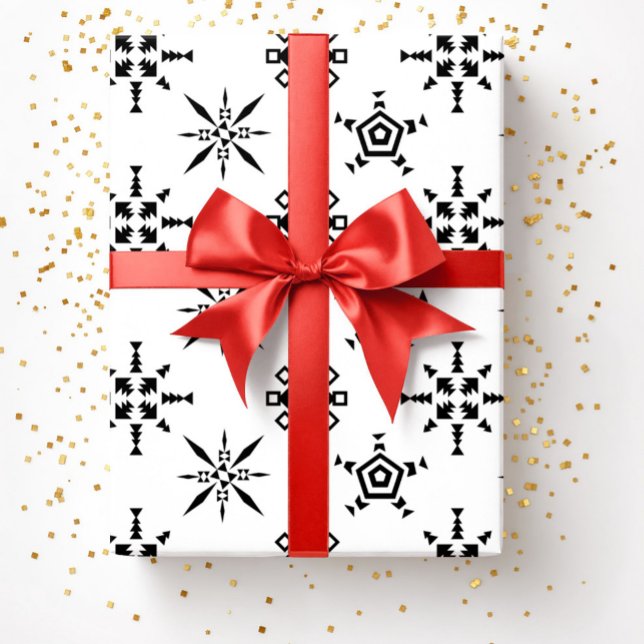 Papel De Presente Natal Festivo Preto e Branco Floco de Neve (Festive Black And White Snowflake Christmas Wrapping Paper)