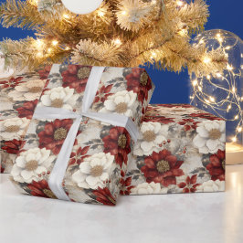 Papel De Presente Natal Festivo Vermelho Floral e Poinsetos Brancos