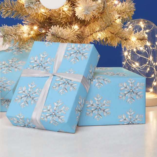 Papel De Presente Natal Flocos de Neve Azuis Brancos (Feriados)