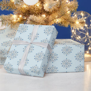 Papel De Presente Natal Flocos de Neve Azul Claro