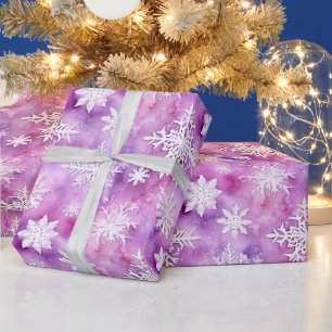 Papel De Presente Natal Flocos de Neve Brancos Roxos