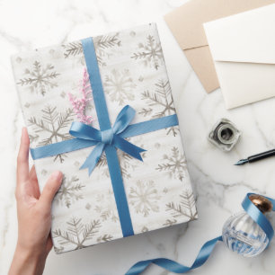 Papel De Presente Natal Flocos de Neve Cinza Creme Chic