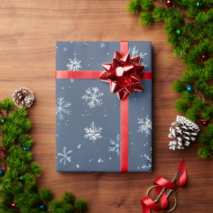 Papel De Presente Natal Flocos de Neve de Prata Azul de Inverno