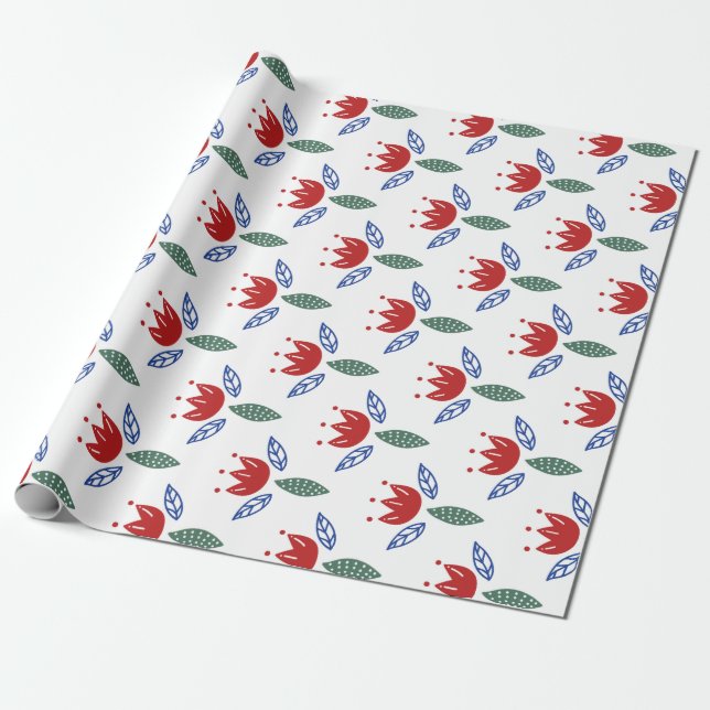Papel De Presente Natal floral azul vermelho escandinavo do teste (Desenrolado)