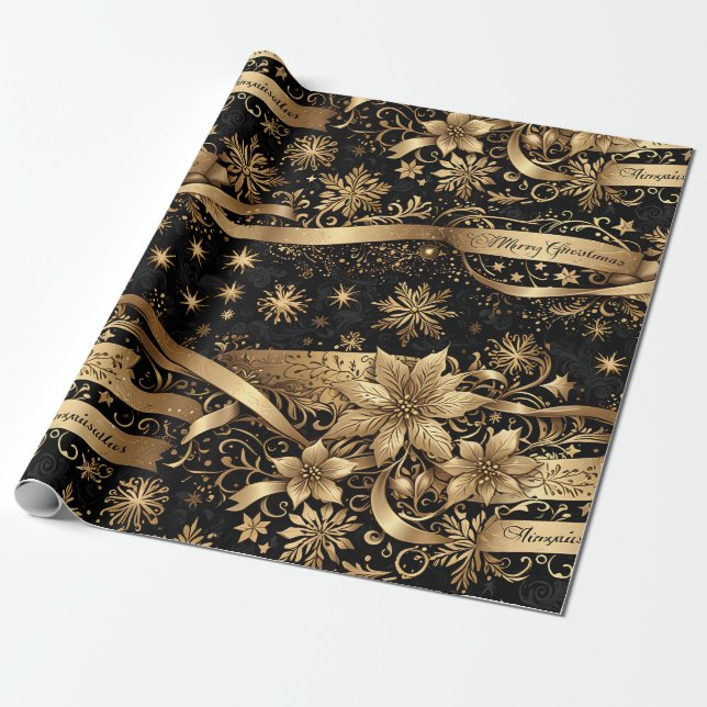 Papel De Presente Natal Floral Brilhante Floco de Neve Dourado Preto (Desenrolado)