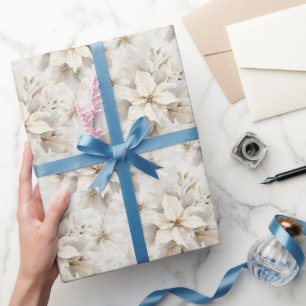 Papel De Presente Natal Floral Cinza Creme Chic
