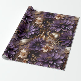 Papel De Presente Natal floral Dourado e roxo Elegante