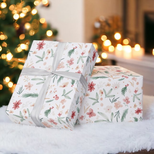 Papel De Presente Natal Floral romântico de Mola Molhada Elegante (Elegant romantic Soft Watercolor Floral Christmas Wrapping Paper)